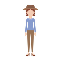 faceless woman with hat and blouse long sleeve and pants and heel shoes with short wavy hair in colorful silhouette