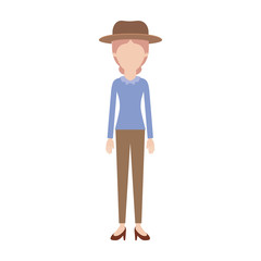 faceless woman with hat and blouse long sleeve and pants and heel shoes with collected hair in colorful silhouette
