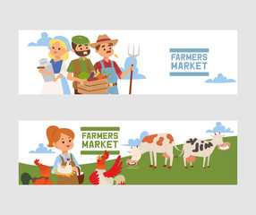 People buying fresh local vegetable from farm market vector banner illustration. Milk farm shop flyer. Business people raw food store. Organic products summer garden nutrition.