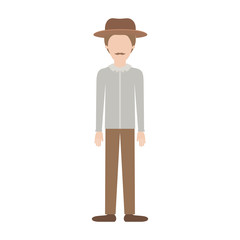 faceless man with hat and shirt and pants and shoes with short hair and moustache on colorful silhouette