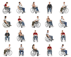 Set of people in wheelchairs on white background