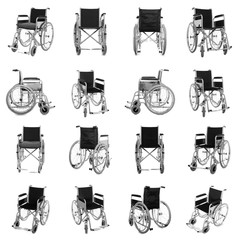 Set of modern wheelchairs on white background