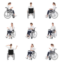 Set of beautiful woman in wheelchair on white background