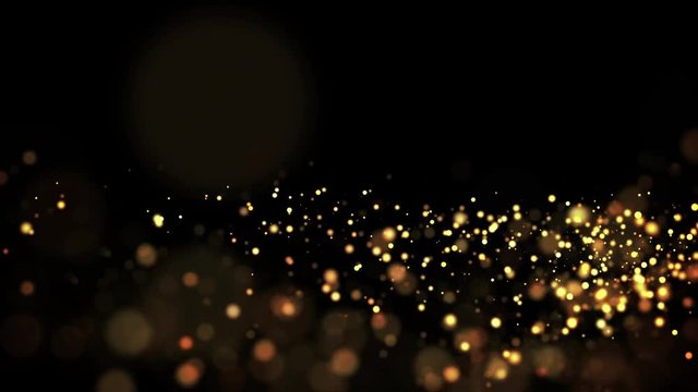 gold particles in liquid float and glisten. Background with glittering golden particles depth of field and bokeh. Luma matte to cut out glowing particles for holiday presentations. 4k 3d animation. 75