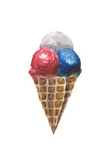 Watercolor composition of a waffle cone with three balls of ice cream in the colors of the US flag. For patriotic compositions such as Independence Day or Flag Day