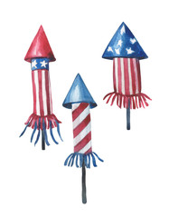 Watercolor set of stylized rocket fireworks in the colors of the US flag. For patriotic compositions such as Independence Day or Flag Day