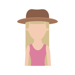 faceless woman half body with hat and blouse sleeveless with long straight hair in colorful silhouette