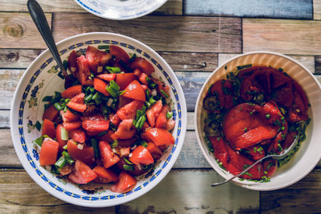 High angle view on the tomato and paprika pepper salad at the farm domestic life organic natural