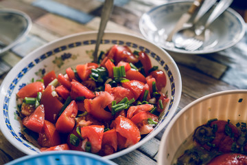 High angle view on the tomato salad at the farm domestic life organic natural