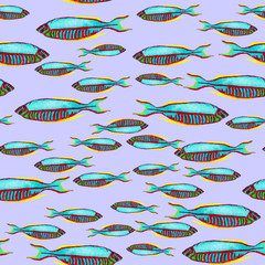 Hand drawn seamless pattern in watercolor sea world natural element. Fish on gray background