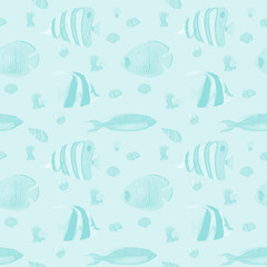 Hand drawn seamless pattern in watercolor sea world natural element. Corals fish shells in baby blue monochrome