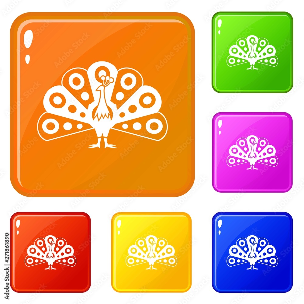 Poster peacock with flowing tail icons set collection vector 6 color isolated on white background