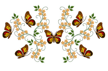 Pattern for embroidery on a white background of colorful butterflies among yellow flowers on twisted stems with green leaves