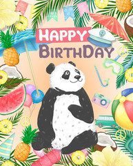 Happy Birthday card design with cute panda bear and boho flowers and floral bouquets illustration. Watercolor clip art for greeting card. Invite poscard, beauty animal. Birthday and celebration