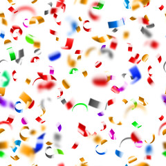 Abstract seamless pattern of flying shiny colored confetti and pieces of serpentine on white background