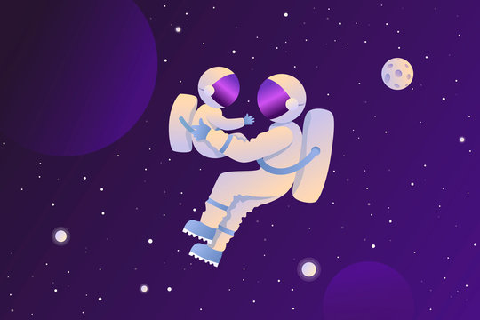 Astronaut with a child in space. Space tourist. Vector background. EPS 10.