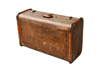 Old vintage retro weathered grunge suitcase isolated on white background
