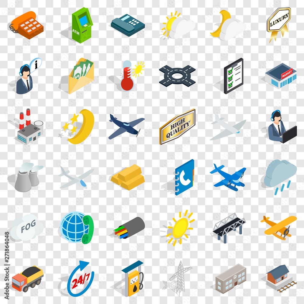 Poster fly icons set. isometric style of 36 fly vector icons for web for any design