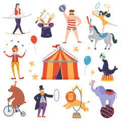 Set of circus artists and animals in a flat cartoon style. Elements of circus show. Fun fair tent. Vector illustration. - obrazy, fototapety, plakaty