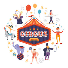 Colorful circus sign with text, tent and ribbon in retro style. Funny circus artists and animals. Vector illustration. © alexandertrou