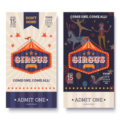 Circus ticket template in white and dark colors. Circus invitation banner in retro style. Colorful sign, tent and characters. Funfair poster. Vector illustration. © alexandertrou