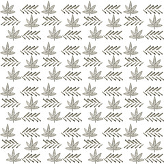 Watercolor pattern with hemp. Botanical hand drawn ink illustration with cannabis leaves isolated on white background. Mj leaves