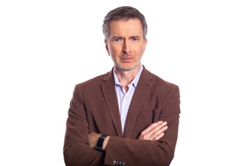 Middle aged bearded businessman on a white background wearing a brown jacket.  The mature man looks...