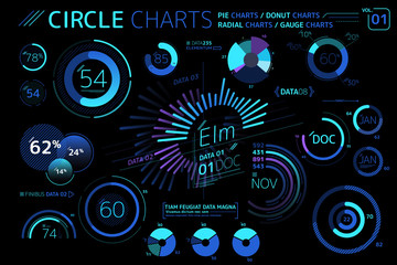 Fototapeta premium Circle Charts, Pie Charts, Donut Charts, Radial charts and Gauge Charts Infographic Elements