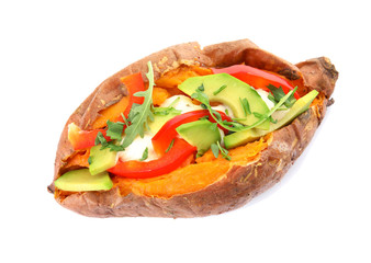 Stuffed sweet potato on white background, top view