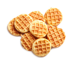 Delicious waffles for breakfast on white background, top view