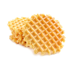 Delicious waffles for breakfast on white background