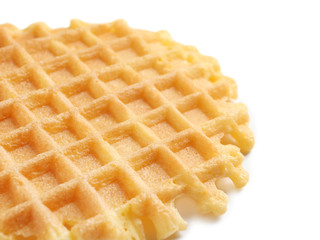 Delicious waffle for breakfast on white background, closeup