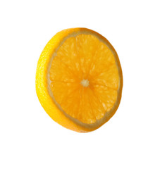 Slice of ripe orange on white background