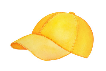 Side view of blank classic yellow baseball cap. Symbol of youthful vitality, entertainment, sport games. Hand drawn water color sketchy drawing, cutout clipart element for creative design decoration.