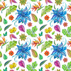 Fantastic seamless pattern flowers set with fabulous flowers and Strelitzia on isolated background.