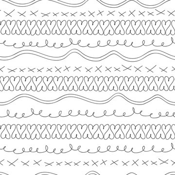 Vector hand drawn doodle art black and white squiggles, x's and hearts seamless pattern background. Perfect as graphic design elements, wallpaper, scrapbooking, invitations, or fabric application.
