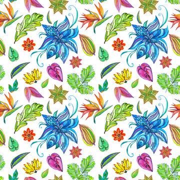 Fantastic seamless pattern flowers set with fabulous flowers and Strelitzia on isolated background.