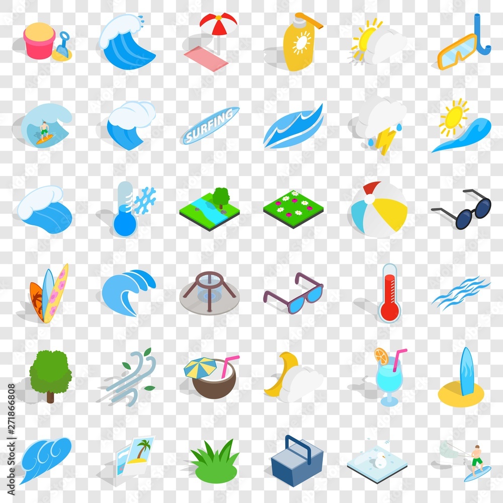 Poster aqua icons set. isometric style of 36 aqua vector icons for web for any design