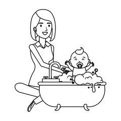 mother with baby bathing in the bathtub