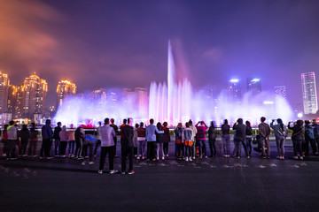Night scene of music fountain in Dalian Xinghai Square, China