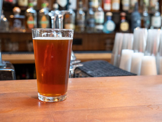 Pint glass of beer sitting on bar counter in the day time