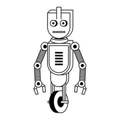 Robot funny character cartoon isolated in black and white