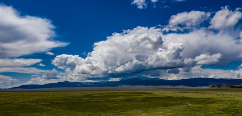 Aerial, drone view of open BLM land along California highway 120 between Mono Lake and Benton