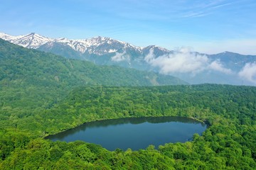 新潟県　糸魚川市にある初夏の蓮華白池を空撮