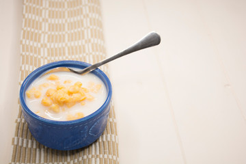 Mazamorra of corn and milk, traditional Colombian food.
