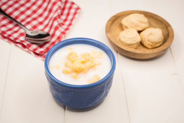 Mazamorra of corn and milk, traditional Colombian food.