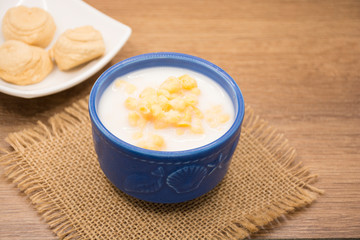 Mazamorra of corn and milk, traditional Colombian food.