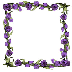 Frame with colored purple tulips. Spring mood. Design of printed materials. Vector illustration