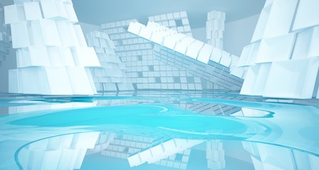 Abstract white and blue water parametric interior with window. 3D illustration and rendering.