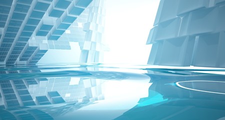 Abstract white and blue water parametric interior with window. 3D illustration and rendering.